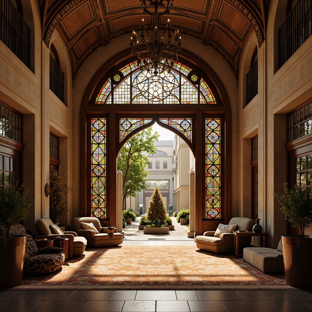 Prompt: Grand entrance, ornate metalwork, flowing organic lines, curved wooden doors, stained glass windows, vibrant colorful patterns, intricate stone carvings, sweeping archways, luxurious textiles, plush furnishings, warm golden lighting, shallow depth of field, 1/1 composition, realistic materials, ambient occlusion.