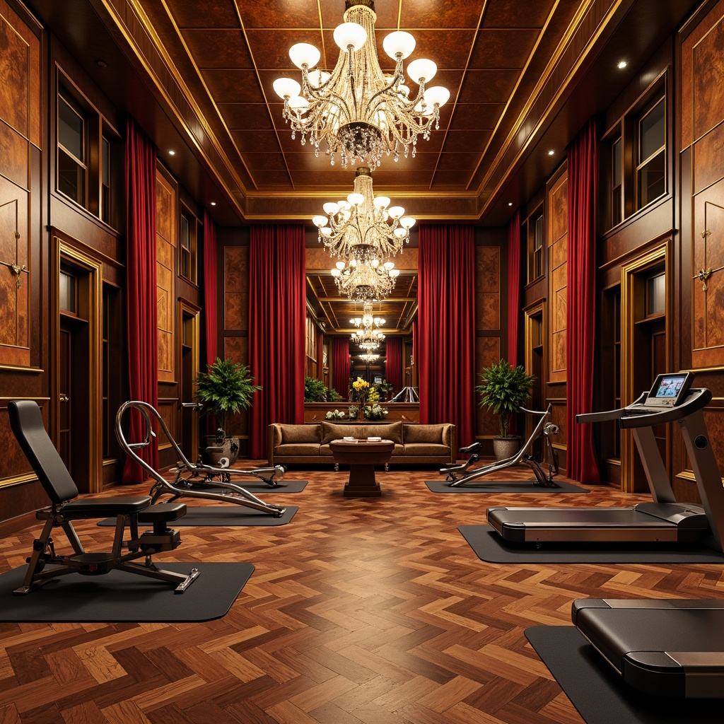 Prompt: Luxurious home gym, Art Deco style, rich wood flooring, dark-stained walnut, high-gloss finish, metallic accents, geometric patterns, bold color scheme, ornate mirrors, crystal chandeliers, velvet drapes, sleek exercise equipment, retro-futuristic vibe, atmospheric lighting, warm golden tones, lavish textiles, sumptuous atmosphere.