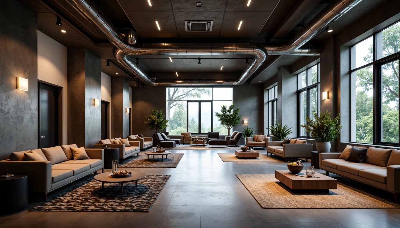 Prompt: Luxurious interior space, metallic accents, brushed aluminum surfaces, polished chrome fixtures, matte black frames, industrial chic aesthetic, modern minimalist decor, sleek coffee tables, low-seating sofas, geometric patterned rugs, dimmable LED lighting, atmospheric ambiance, shallow depth of field, 1/1 composition, realistic reflections, ambient occlusion.