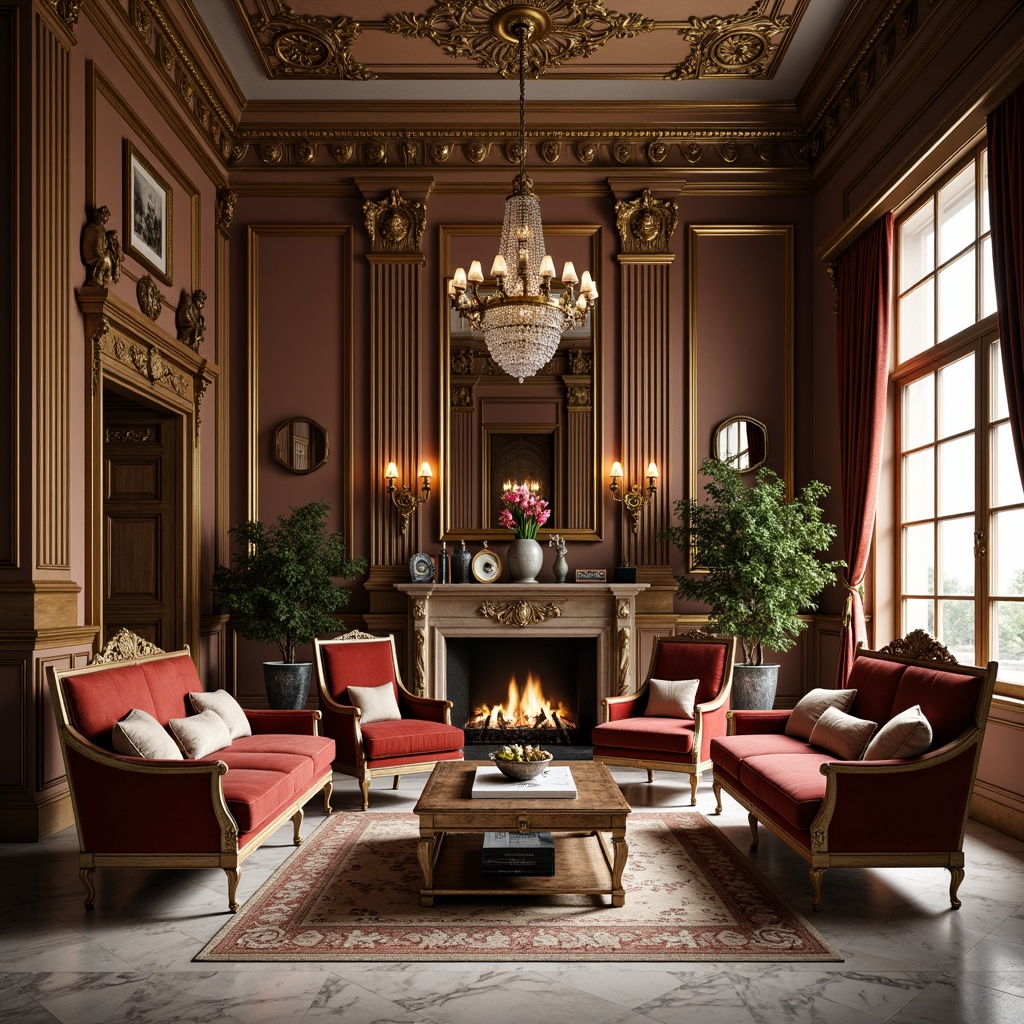 Prompt: Elegant neoclassical living room, ornate wooden furniture, intricately carved details, velvet upholstery, gilded frames, crystal chandeliers, marble flooring, high ceilings, classical columns, symmetrical layout, soft warm lighting, subtle shadows, 1/1 composition, realistic textures, ambient occlusion.