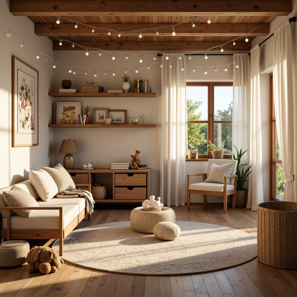 Prompt: Cozy kids' room, vernacular style, warm wooden furniture, soft pastel colors, whimsical fairy lights, string lights, lanterns, plush area rug, comfortable reading nook, rustic wooden shelves, vintage toys, natural textiles, creamy whites, warm beige tones, sunny afternoon light, softbox lighting, 1/1 composition, intimate atmosphere, inviting decor.