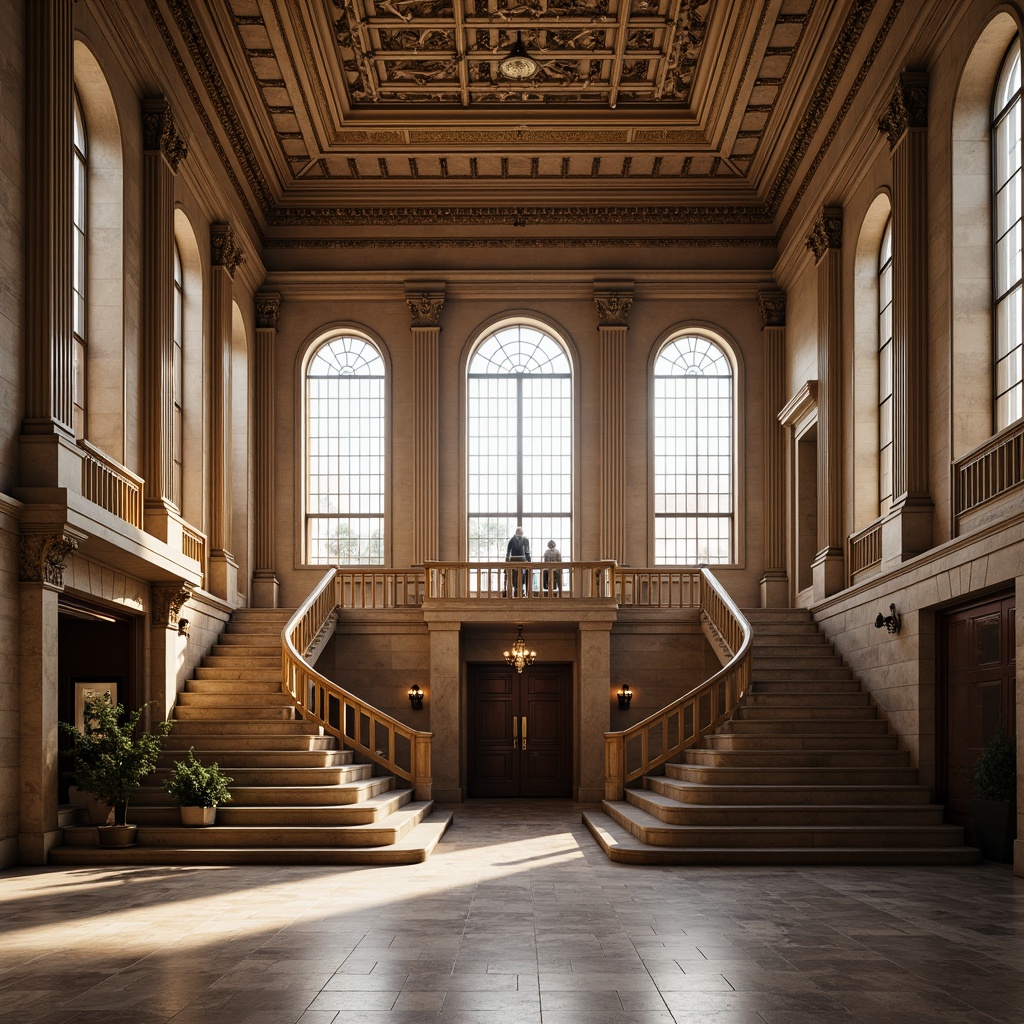 Prompt: Grand courthouse building, neoclassical architecture, ornate cornices, grandiose entrance, sweeping staircases, intricate moldings, decorative pilasters, rusticated stone walls, tall arched windows, classical columns, carved wooden doors, polished marble floors, ornamental metalwork, subtle warm lighting, shallow depth of field, 1/2 composition, realistic textures, ambient occlusion.