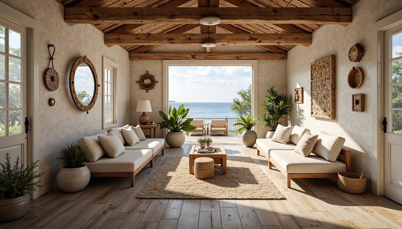 Prompt: Weathered wood accents, driftwood furniture, ocean-inspired color palette, sea salt-weathered stone walls, beachy vibe, nautical ropes, porthole windows, distressed finishes, coral-patterned textiles, sandy beige hues, shells and pebbles decorations, natural fiber rugs, woven sea grass, ocean breeze, warm sunny day, soft golden lighting, shallow depth of field, 1/1 composition, intimate close-up shot, realistic textures, ambient occlusion.