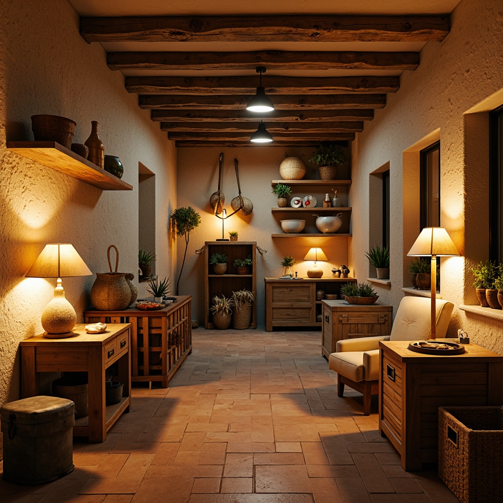 Prompt: Rustic French country storage room, wooden crates, vintage metal trunks, distressed stone walls, soft warm beige lighting, table lamps with burlap shades, candlelight ambiance, dimmable pendant lights, natural wood accents, woven baskets, earthy terracotta flooring, warm golden tones, cozy atmosphere, subtle shadows, 1/1 composition, warm color palette, inviting textures.