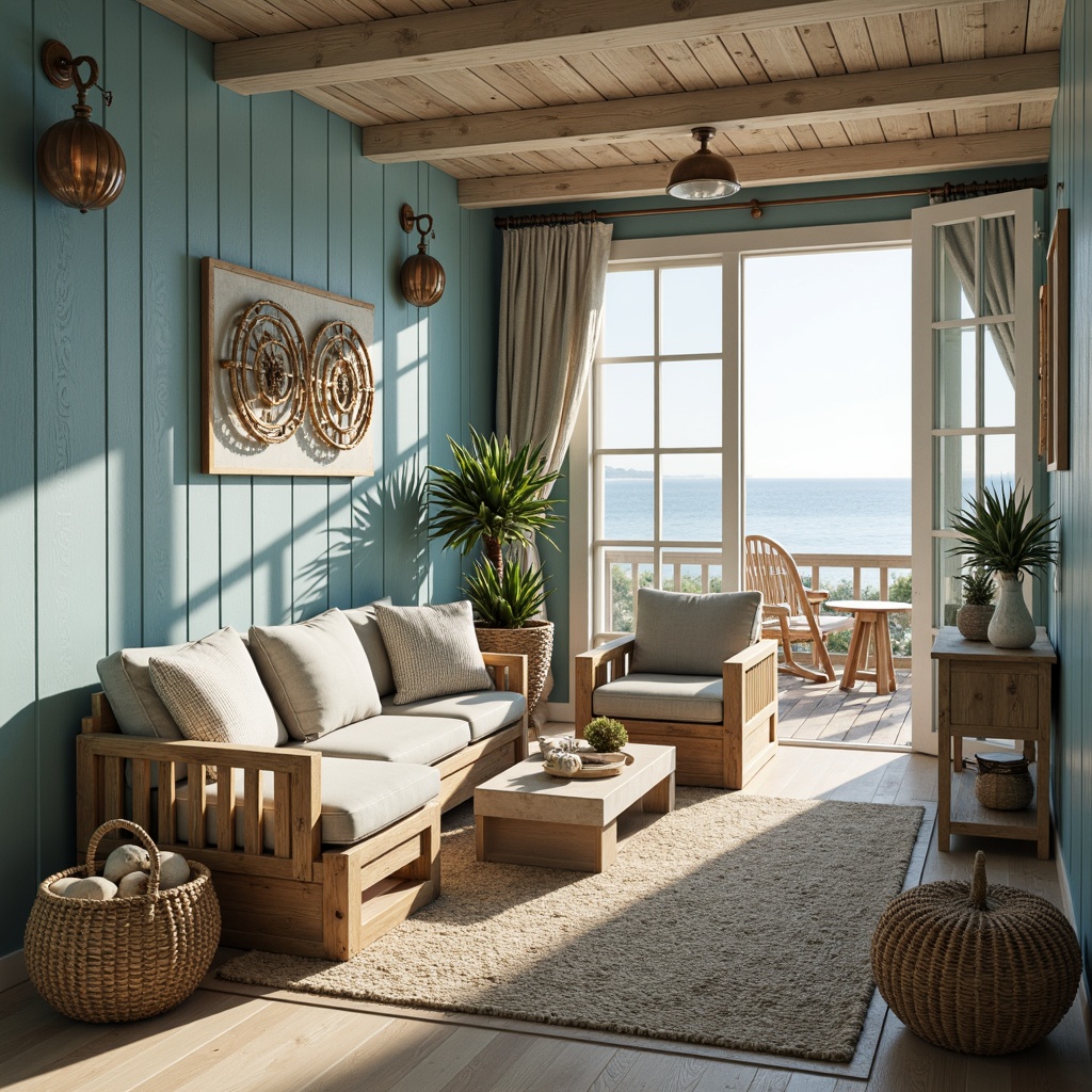 Prompt: Seaside cottage, driftwood furniture, ocean-blue walls, sandy beige floors, nautical rope decorations, seashell ornaments, coral-inspired patterns, vintage fishing nets, distressed wood accents, soft warm lighting, cozy textiles, natural fiber rugs, calming color palette, beachy scents, refreshing ocean breeze, sunny day, shallow depth of field, 3/4 composition, realistic textures, ambient occlusion.