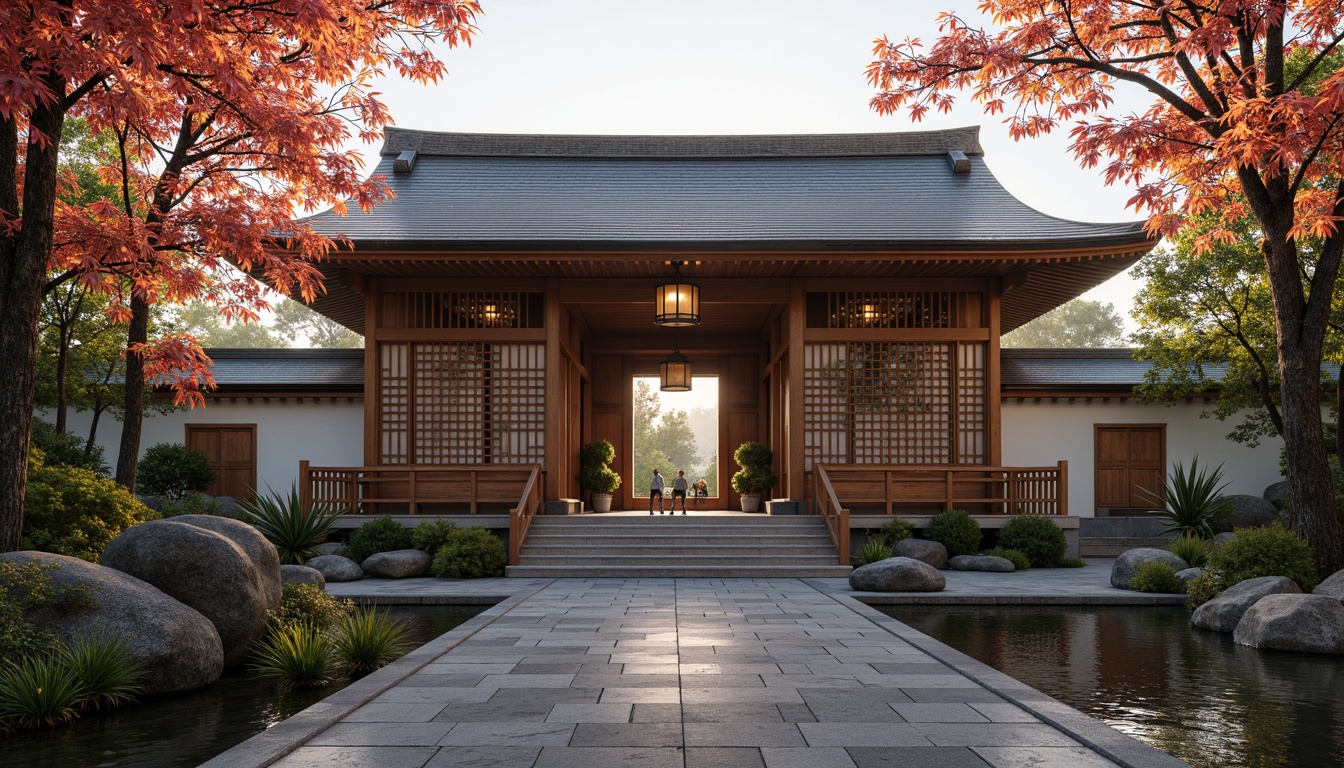 Prompt: Vibrant pagoda, intricately carved wooden panels, delicate cherry blossom branches, traditional Japanese sliding doors, ornate lanterns, hand-painted ceramic tiles, serene koi pond, natural stone pathways, lush green bamboo forests, misty morning atmosphere, soft warm lighting, shallow depth of field, 1/2 composition, realistic textures, ambient occlusion.