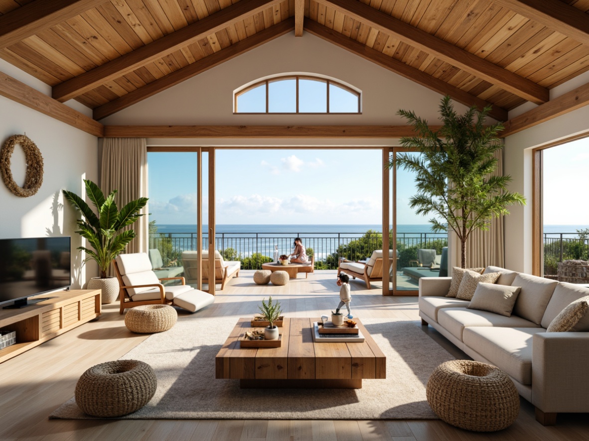 Prompt: Beachy coastal vibes, open floor plans, airy living spaces, vaulted ceilings, wooden accents, driftwood furniture, natural textiles, sea-inspired color palette, ocean views, large windows, sliding glass doors, outdoor living areas, tropical plants, warm sandy tones, soft breezy lighting, shallow depth of field, 1/1 composition, realistic wood textures, ambient occlusion.