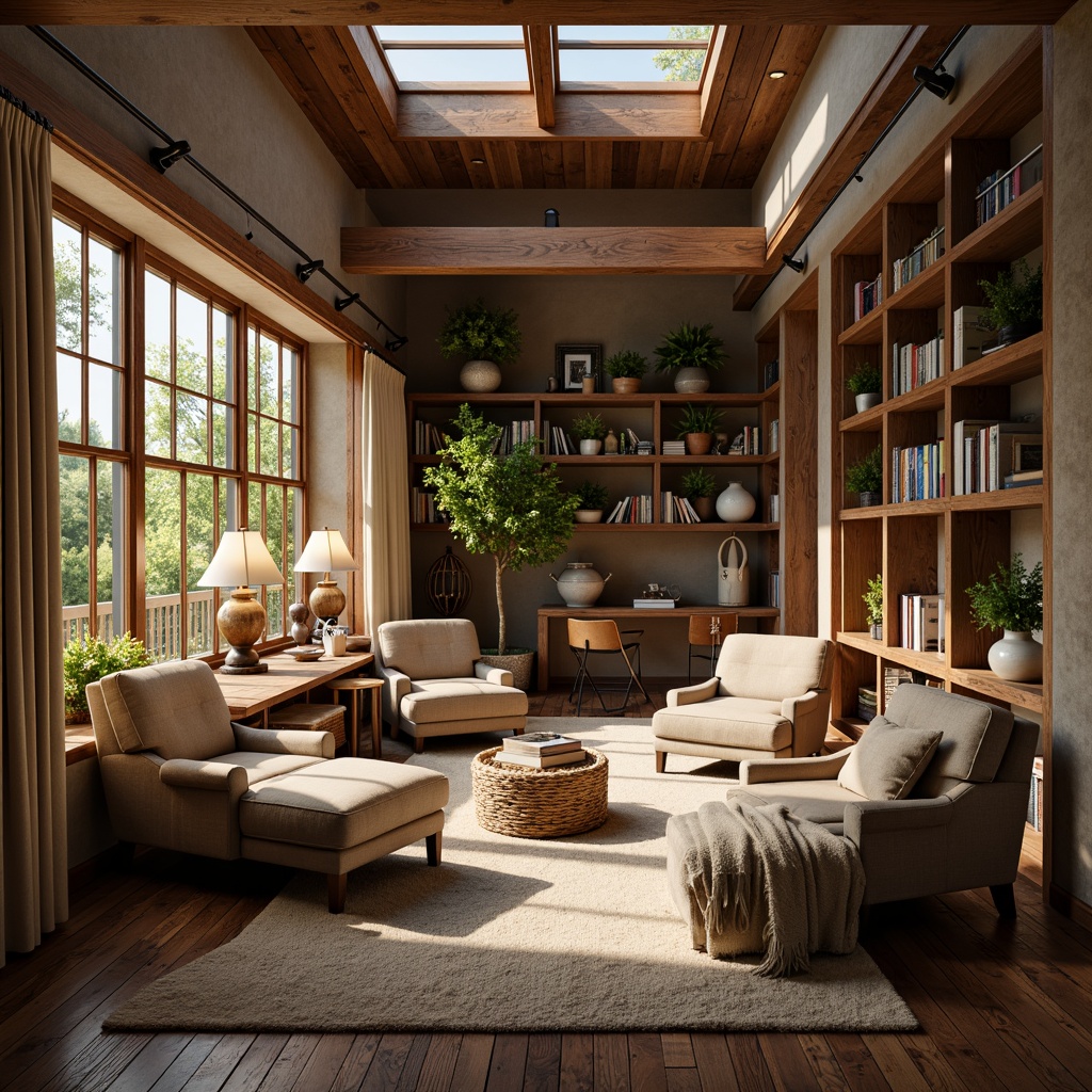 Prompt: Cozy library, farmhouse style, natural lighting, warm wooden accents, rustic bookshelves, vintage reading lamps, comfortable plush armchairs, soft beige curtains, earthy tone walls, reclaimed wood floors, large windows, skylights, gentle diffused light, warm afternoon sunbeams, 1/1 composition, realistic textures, ambient occlusion.