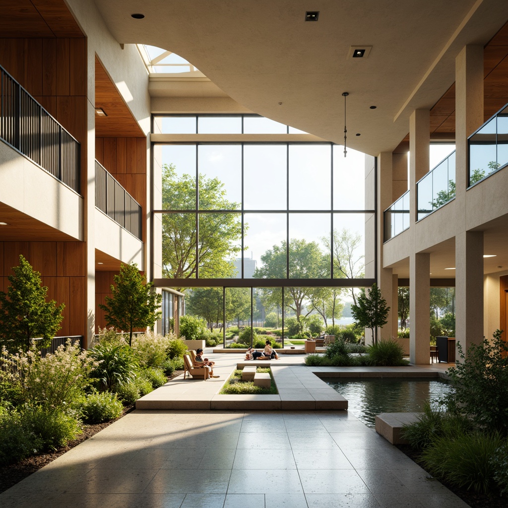 Prompt: Soothing rehabilitation center, abundant natural light, floor-to-ceiling windows, warm wood accents, calming color palette, lush greenery, peaceful water features, gentle breeze, modern minimalist architecture, open spaces, airy corridors, comfortable seating areas, warm LED lighting, soft shadows, shallow depth of field, 1/1 composition, realistic textures, ambient occlusion.