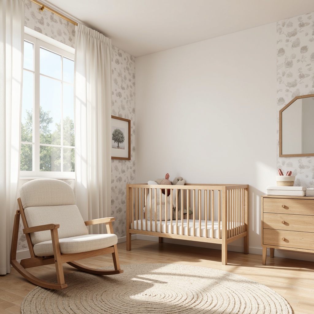 Prompt: Minimalist baby room, soft pastel colors, simple wooden crib, comfortable glider chair, natural woven rug, minimalist dresser, changing station, white curtains, subtle patterned wallpaper, calm atmosphere, soft warm lighting, shallow depth of field, 3/4 composition, realistic textures, ambient occlusion.Let me know if you need any adjustments!