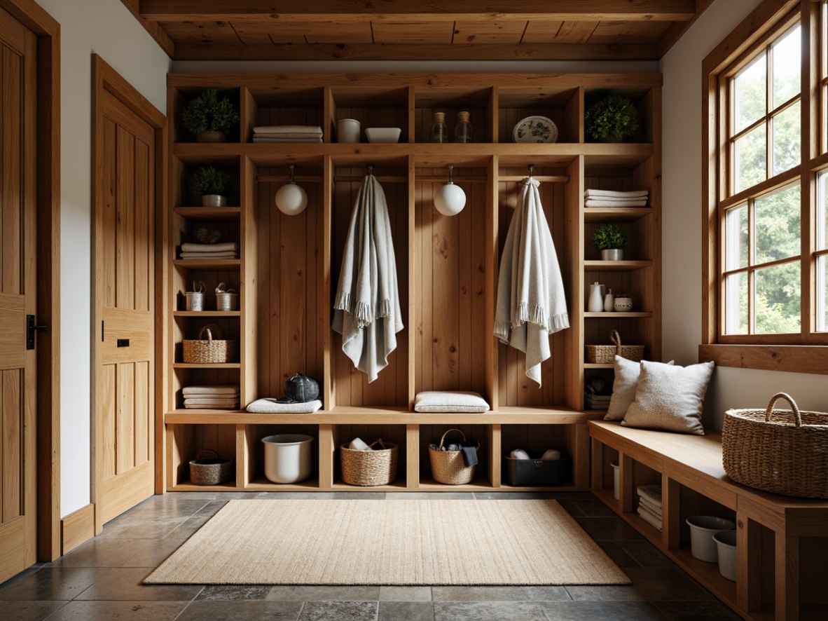 Prompt: Cozy mudroom, rustic wooden accents, natural stone floors, earthy tones, waterproof surfaces, slip-resistant mats, functional storage benches, woven baskets, outdoor-inspired textiles, nature-infused color palette, warm lighting, shallow depth of field, 3/4 composition, realistic textures, ambient occlusion.