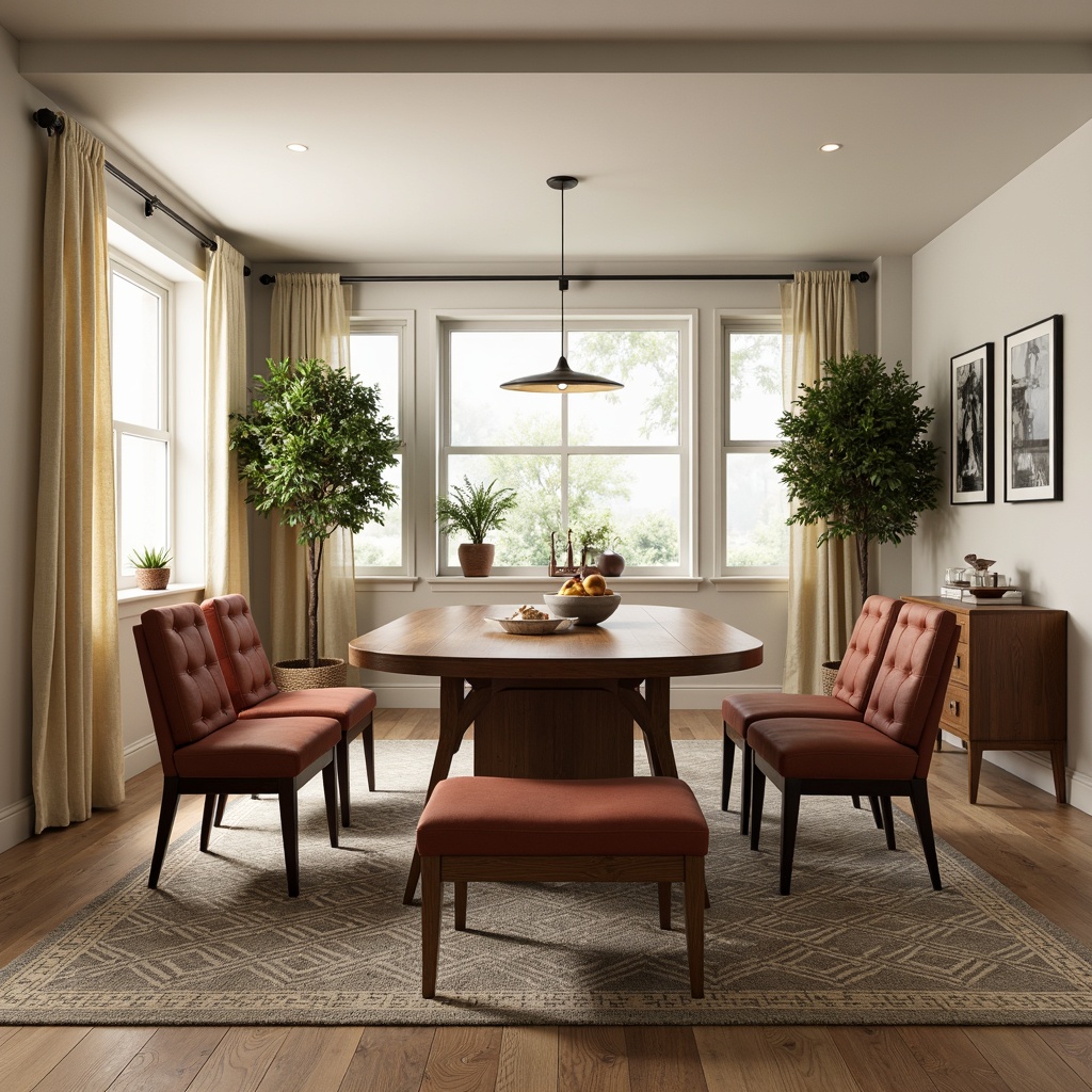 Prompt: Mid-century modern dining room, walnut wood furniture, sleek lines, tapered legs, tufted upholstery, vintage-inspired chairs, geometric patterned rug, pendant lighting fixture, natural linen curtains, minimalist decor, earthy color palette, warm ambient lighting, shallow depth of field, 1/1 composition, realistic textures, ambient occlusion.