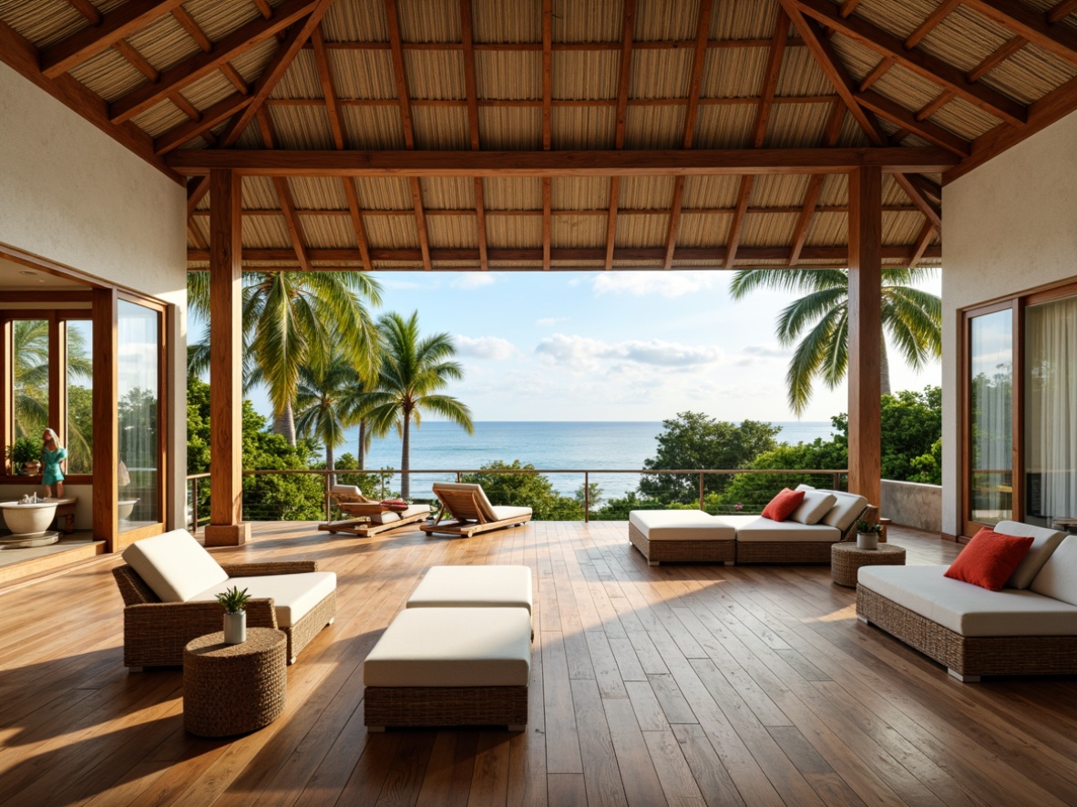 Prompt: Tropical island villa, exotic hardwood flooring, polished wood planks, natural woven fibers, rattan patterns, bamboo accents, warm beige tones, creamy whites, soft greens, ocean-inspired blues, palm tree silhouettes, lush greenery, tropical flowers, vibrant colors, high ceilings, large windows, sliding glass doors, bright natural light, airy atmosphere, relaxed ambiance, organic textures, subtle wood grains.