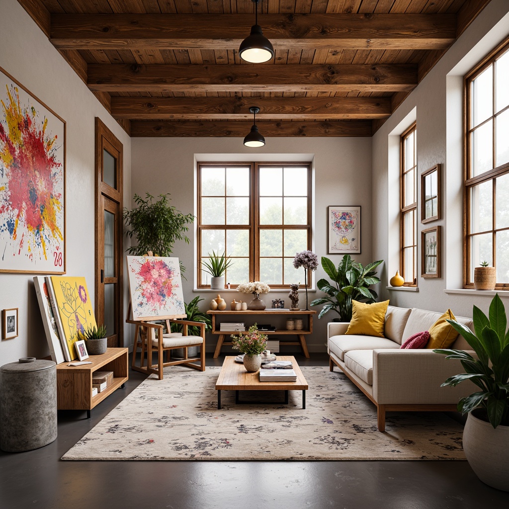 Prompt: Vibrant art studio, eclectic mix of colors, pastel hues, bold accents, creamy whites, rich wood tones, metallic sheens, geometric patterns, abstract shapes, textured brushstrokes, expressive splatters, warm lighting, shallow depth of field, 3/4 composition, panoramic view, realistic textures, ambient occlusion.