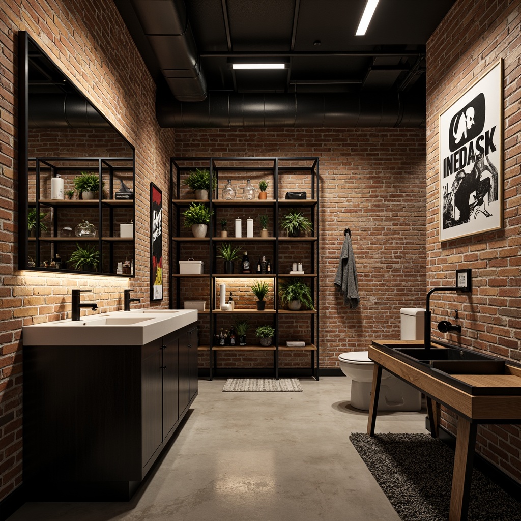 Prompt: Exposed brick walls, distressed concrete finishes, metal mesh panels, industrial-chic color schemes, urban graffiti accents, reclaimed wood accents, polished steel fixtures, edgy lighting installations, moody atmospheric effects, gritty textures, abstract geometric patterns, bold graphic prints, modern minimalist decor, sleek black fixtures, functional shelving units, industrial-style sinks, exposed piping systems, concrete floors, urban loft ambiance, dramatic shadows, high-contrast lighting, 3/4 composition.