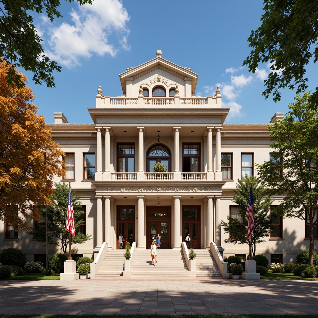 Prompt: Grand courthouse building, neoclassical facade, Corinthian columns, ornate stone carvings, sweeping arches, rusticated bases, pedimented entrance, grand staircase, rich wood paneling, intricate moldings, ornamental metalwork, stately clock tower, vibrant American flags, sunny day, warm natural lighting, shallow depth of field, 1/2 composition, realistic textures, ambient occlusion.