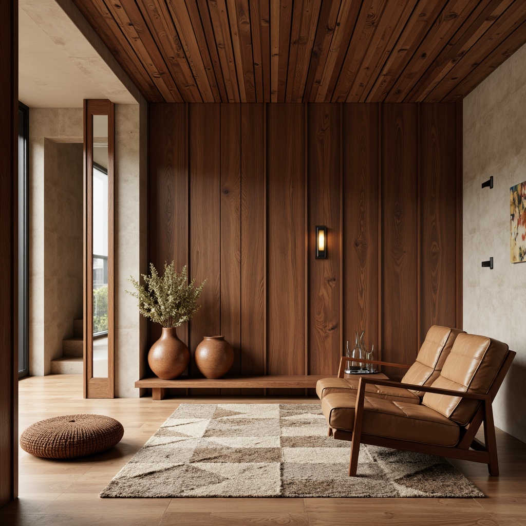 Prompt: Walnut wood paneling, sleek metal accents, rich leather upholstery, tactile woven textiles, earthy terracotta pottery, smooth limestone walls, warm oak flooring, minimalist decorative trim, subtle brass hardware, organic shaped furniture, natural fiber rugs, abstract geometric patterns, warm ambient lighting, shallow depth of field, 3/4 composition, realistic textures, ambient occlusion.