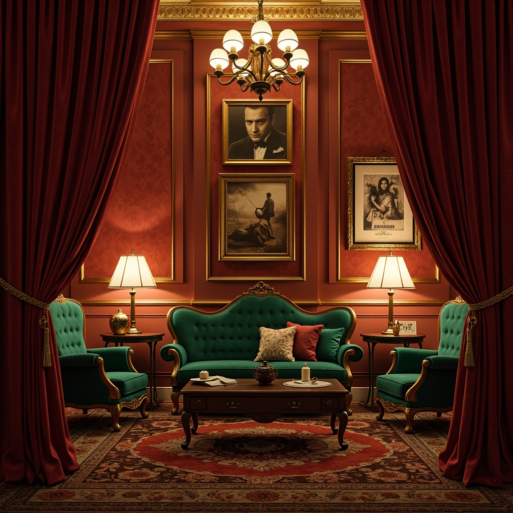 Prompt: Rich velvet curtains, ornate golden frames, lavish crimson red walls, intricate patterned rugs, luxurious emerald green upholstery, warm candlelight glow, soft smoke effects, mysterious dark shadows, grandiose chandeliers, vintage camera equipment, classic film reels, nostalgic movie posters, warm sepia tone, high contrast lighting, cinematic composition, 1/1 aspect ratio, shallow depth of field, realistic textures.