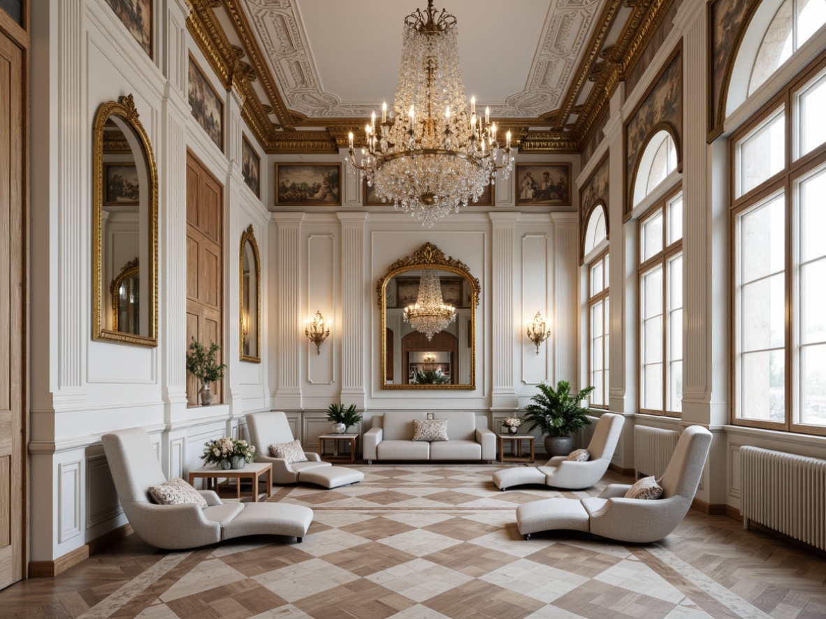 Prompt: Elegant neoclassical interior, ornate moldings, decorative wainscoting, luxurious fabrics, rich wood paneling, subtle texture contrasts, refined color palette, creamy whites, soft grays, warm beiges, intricate plasterwork, delicate frescoes, ornamental mirrors, crystal chandeliers, sophisticated wall treatments, 3D embossed patterns, metallic leafing, Venetian glass beads, natural stone inlays, herringbone parquet flooring, subtle lighting accents, dramatic ceiling heights, grand architectural details.