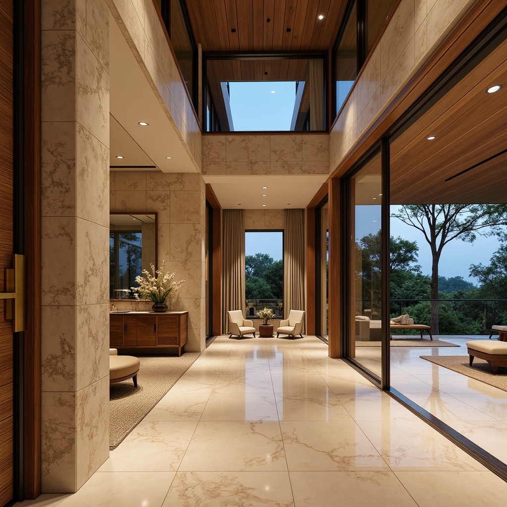 Prompt: Elegant luxury villa, natural stone fa\u00e7ade, wooden accents, bronze metalwork, large glass windows, sliding doors, cream-colored marble flooring, plush carpeted interiors, ambient warm lighting, soft shadows, 3/4 composition, shallow depth of field, realistic textures, subtle color palette.