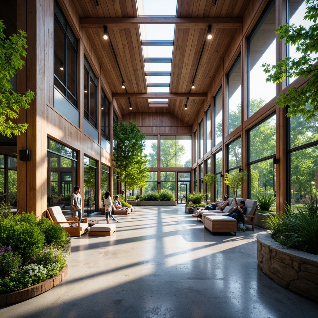 Prompt: Vibrant fitness club interior, large windows, high ceilings, clerestory windows, transparent glass doors, polished concrete floors, mirrored walls, modern minimalist decor, sleek steel equipment, natural stone accents, reclaimed wood features, abundant greenery, lush plants, soft warm lighting, shallow depth of field, 3/4 composition, panoramic view, realistic textures, ambient occlusion.