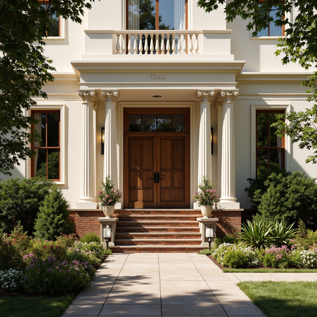 Prompt: Elegant residential facade, ornate columns, Ionic capitals, fluted shafts, cream-colored stone, rustic brick base, symmetrical composition, grand entrance, wooden double doors, decorative metalwork, lantern-style lighting, lush greenery, blooming flowers, sunny afternoon, warm soft lighting, shallow depth of field, 1/1 composition, realistic textures, ambient occlusion.