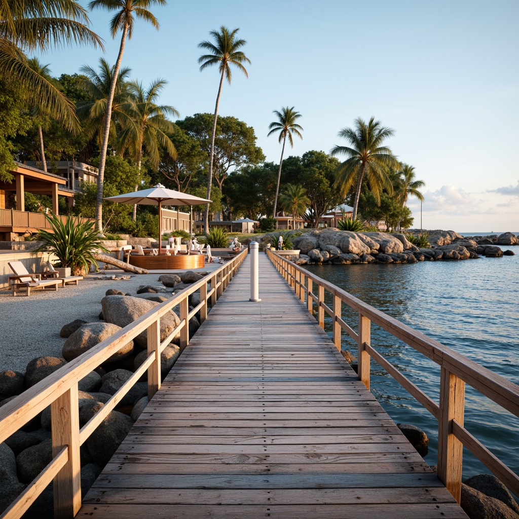 Prompt: Weathered wooden docks, rusty metal railings, driftwood accents, sea-eroded stones, ocean-breeze swept beaches, sandy dunes, tropical plants, palm trees, sunny day, soft warm lighting, shallow depth of field, 3/4 composition, panoramic view, realistic textures, ambient occlusion, coastal modern architecture, large windows, glass doors, natural ventilation systems, sustainable building materials, reclaimed wood flooring, woven sea grass textiles, distressed finishes, beachy color palette, nautical-themed decor.