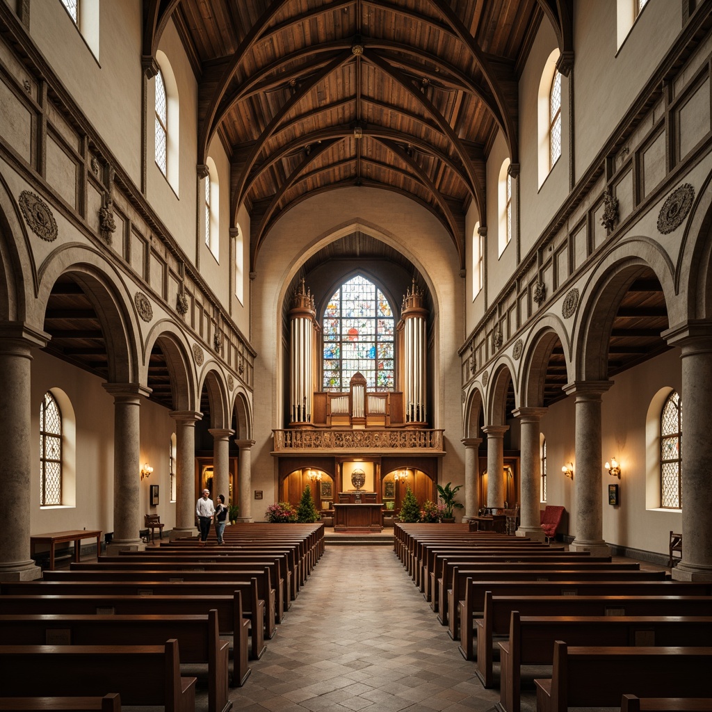 Prompt: Ethereal church interior, vaulted ceilings, stained glass windows, soft warm lighting, subtle shadows, ornate wooden pews, intricate stone carvings, grand pipe organ, serene ambiance, natural materials, earthy tones, minimalist decor, elegant chandeliers, subtle color palette, gentle illumination, 1/1 composition, high-angle shot, realistic textures, ambient occlusion.