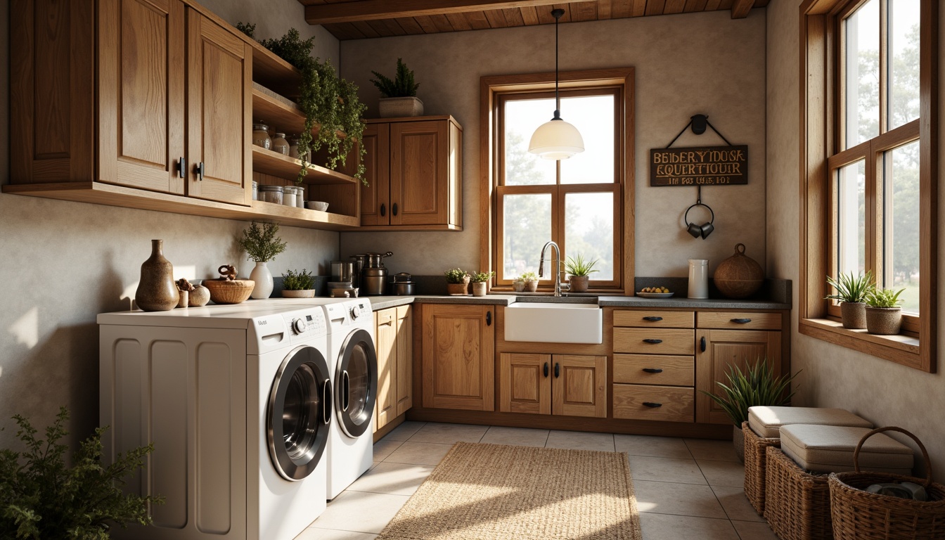 Prompt: Cozy laundry room, rustic wooden cabinets, soft-close drawers, farmhouse sink, ceramic tile flooring, warm beige walls, plush area rug, natural linen fabrics, woven baskets, vintage-inspired metal signs, earthy color palette, warm task lighting, 1/1 composition, shallow depth of field, realistic textures, ambient occlusion.