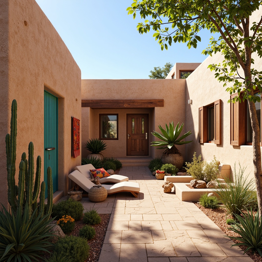 Prompt: Southwestern adobe architecture, earthy tone walls, rough textured finishes, natural stone accents, vibrant turquoise accents, warm beige stucco, rustic wooden doors, colorful woven textiles, desert botanicals, cacti silhouettes, warm sunny day, soft diffused lighting, shallow depth of field, 2/3 composition, intimate atmosphere, realistic normal mapping.