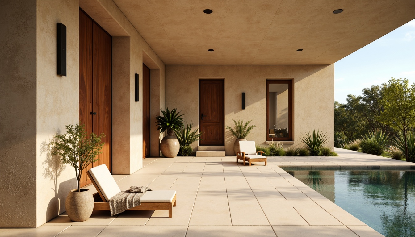 Prompt: Warm beige walls, soft cream flooring, rustic wooden accents, turquoise blue highlights, earthy terracotta tones, lush greenery, natural stone columns, airy open spaces, modern sleek lines, minimal ornamentation, warm golden lighting, subtle gradient effects, 3/4 composition, panoramic views, realistic textures, ambient occlusion.