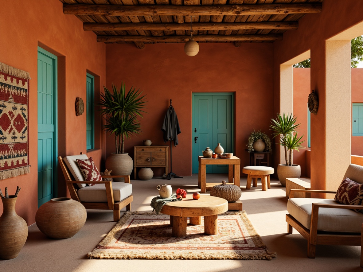 Prompt: Earthy craft room, warm terracotta walls, vibrant turquoise accents, rustic wooden furniture, woven textiles, natural fiber rugs, southwestern patterned blankets, desert-inspired ceramics, sandy beige flooring, soft golden lighting, warm atmosphere, cozy nooks, 1/2 composition, intimate scale, realistic textures, subtle ambient occlusion.