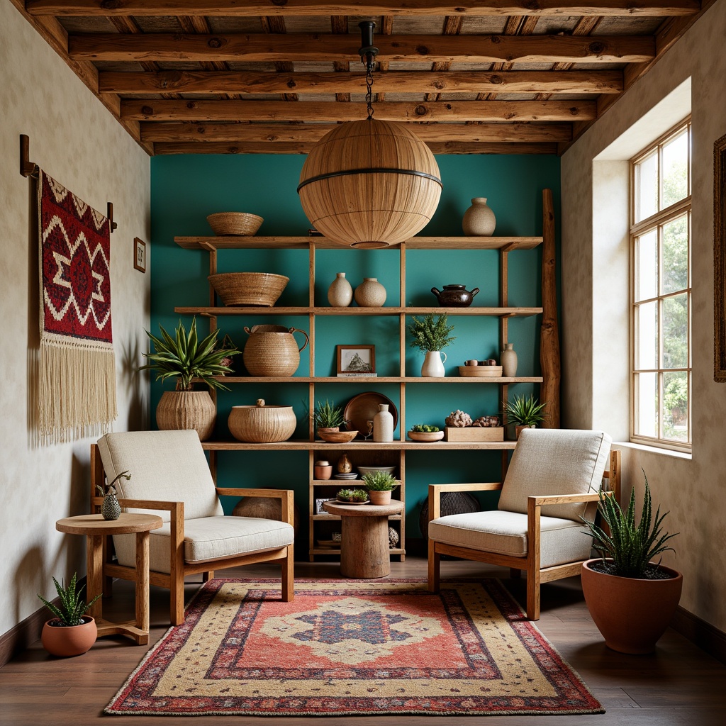 Prompt: Vibrant turquoise accents, rustic wooden shelves, woven baskets, eclectic vintage decor, colorful serape blankets, distressed leather armchairs, natural fiber rugs, earthy terracotta pots, potted cacti, warm beige walls, reclaimed wood furniture, geometric patterned textiles, soft warm lighting, shallow depth of field, 1/2 composition, cozy intimate atmosphere, realistic textures, ambient occlusion.