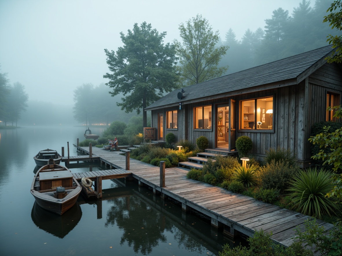 Prompt: Rustic boathouse, weathered wooden docks, nautical ropes, aquatic plants, serene lake surroundings, misty morning atmosphere, soft warm lighting, water-inspired color scheme, calming blues, soothing greens, earthy browns, creamy whites, natural textures, distressed wood accents, vintage marine equipment, nostalgic decorative elements, peaceful ambiance, 1/2 composition, shallow depth of field, realistic reflections.