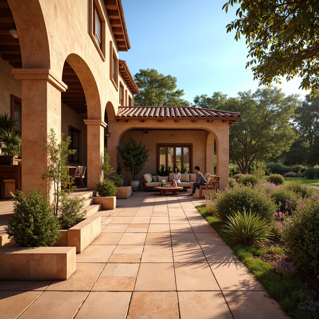 Prompt: Earthy terracotta tiles, warm beige color, rustic texture, traditional Mediterranean architecture, curved lines, ornate details, sunny outdoor spaces, lush greenery, blooming flowers, olive trees, bright blue sky, warm golden lighting, shallow depth of field, 3/4 composition, realistic textures, ambient occlusion.