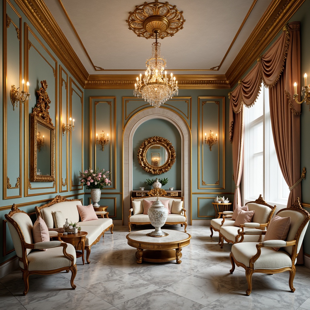 Prompt: Luxurious Rococo-style mansion, ornate golden accents, lavish velvet upholstery, intricately carved wooden furniture, crystal chandeliers, marble floors, opulent drapery, soft pastel color palette, delicate porcelain vases, antique furnishings, curved lines, scalloped edges, gilded mirrors, sumptuous fabrics, warm candlelight, 1/1 composition, shallow depth of field, realistic textures, ambient occlusion.