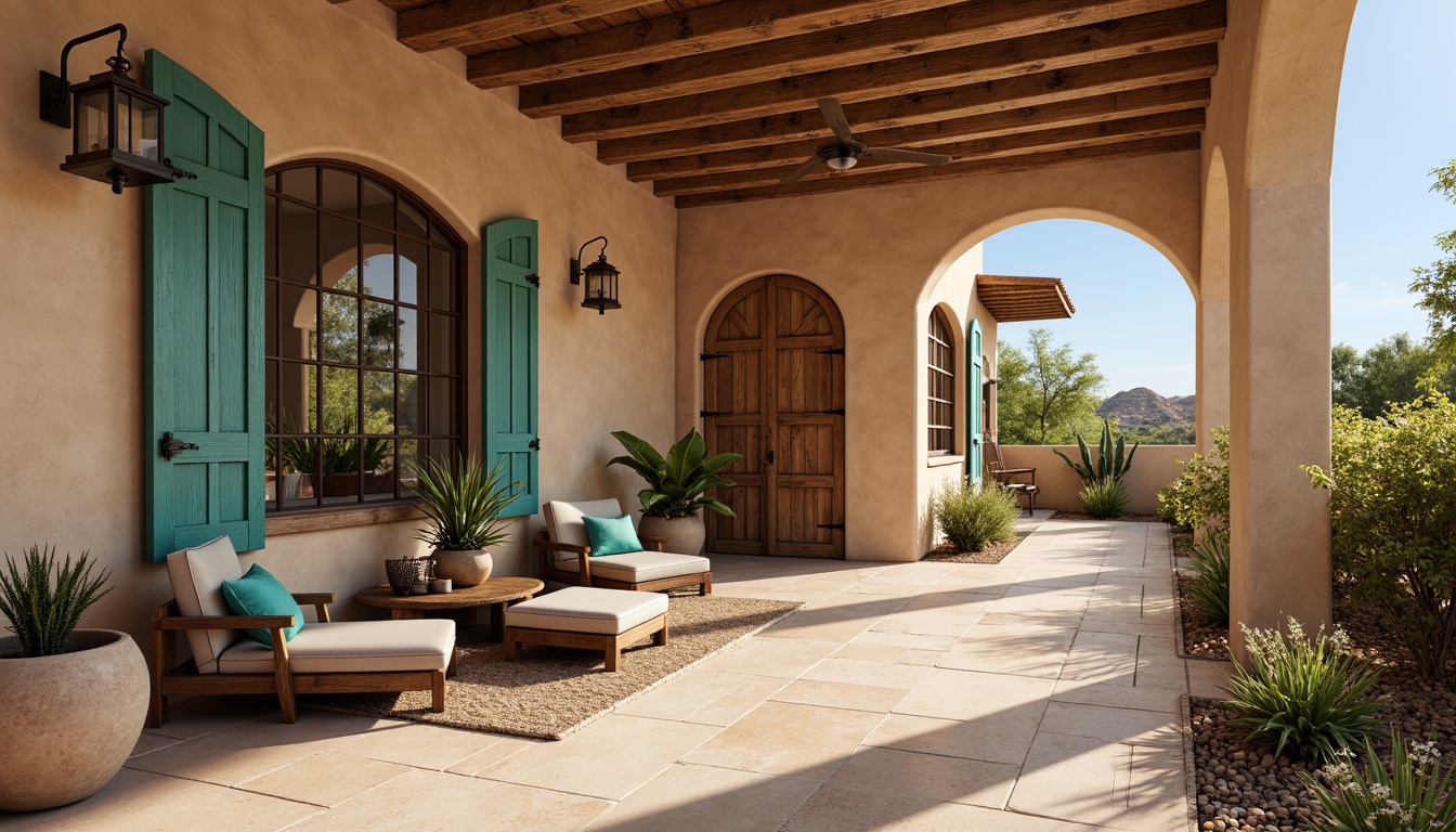 Prompt: Adobe earth tones, stucco exterior walls, wooden accents, rustic doors, wrought iron hardware, clay roof tiles, curved lines, ornate details, vibrant turquoise accents, natural stone flooring, warm beige interior walls, wooden beam ceilings, pendant lanterns, cozy nooks, private courtyards, desert landscape views, xeriscaping, cacti plants, sunny afternoon light, soft warm shadows, 1/2 composition, realistic textures, ambient occlusion.