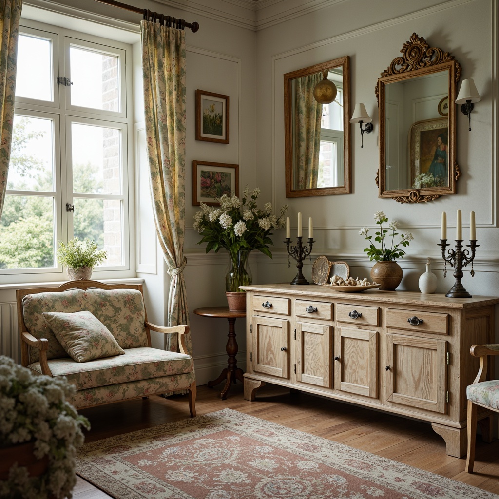 Prompt: Distressed wooden furniture, soft pastel colors, vintage decorative accents, lace curtains, floral patterns, rustic metal hardware, worn velvet fabrics, ornate mirrors, antique accessories, distressed finishes, romantic candelabras, feminine details, soft warm lighting, shallow depth of field, 3/4 composition, whimsical textures, ambient occlusion.