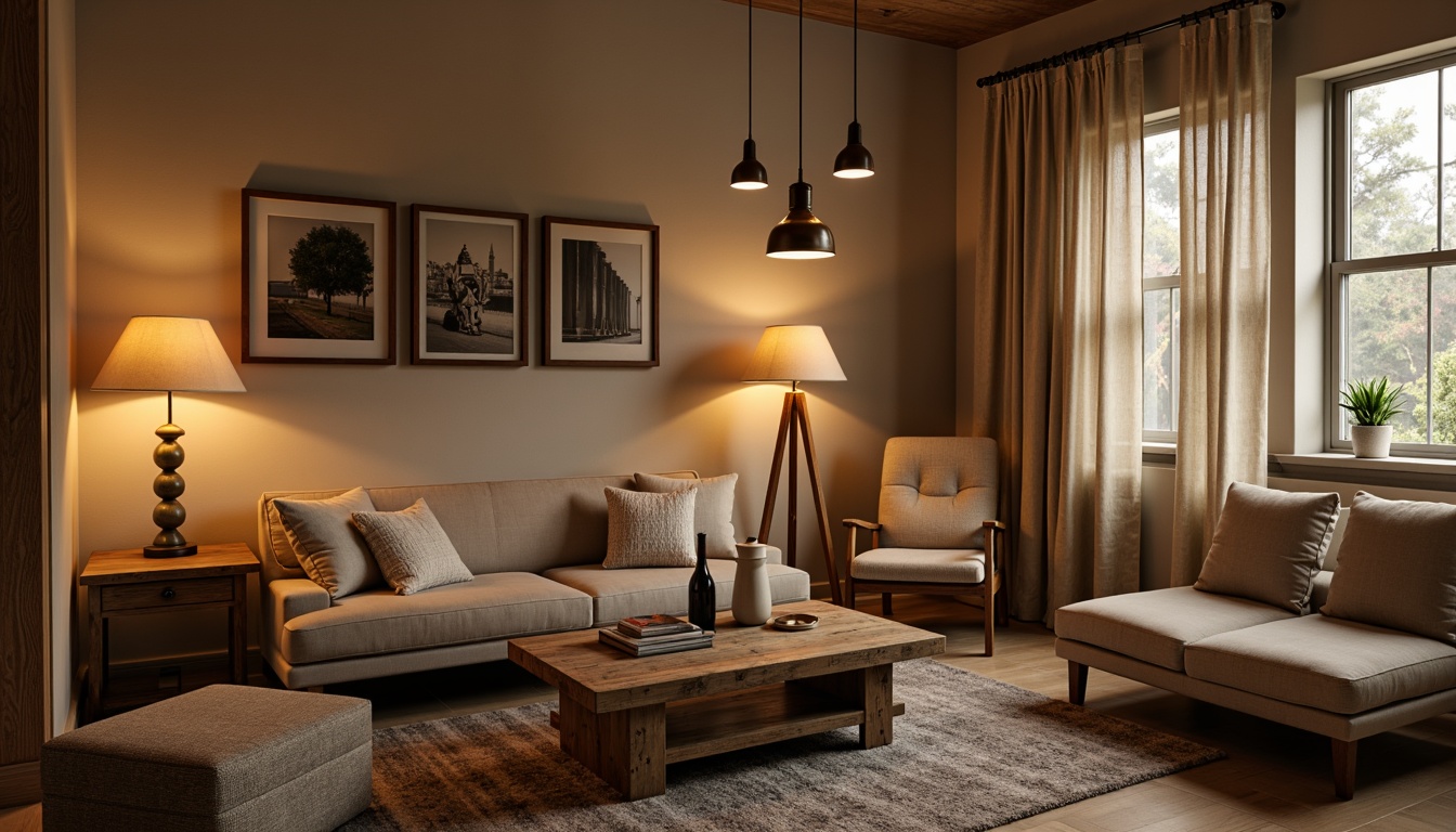 Prompt: Cozy living room, warm beige walls, comfortable seating, rustic wooden coffee table, soft velvety sofa, dimmable floor lamps, industrial metal pendant lights, warm white LED bulbs, textured linen shades, bronze finishes, subtle ambient glow, layered lighting, 1/2 composition, realistic reflections, warm color temperature, inviting atmosphere, relaxing mood.