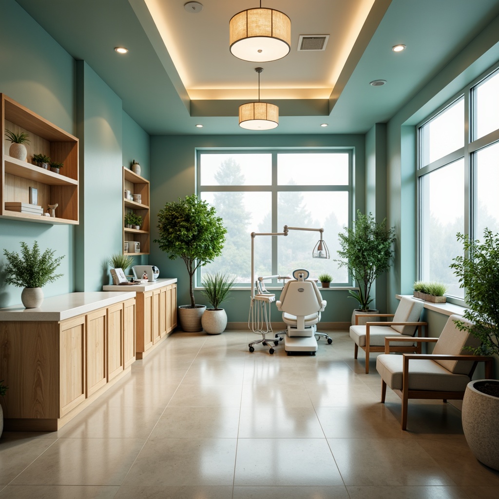 Prompt: Calming dental clinic interior, soothing blue-green walls, crisp white countertops, warm beige flooring, gentle wood accents, subtle stainless steel equipment, comfortable waiting area furniture, vibrant green plants, natural light pouring through large windows, soft warm lighting, shallow depth of field, 3/4 composition, realistic textures, ambient occlusion.