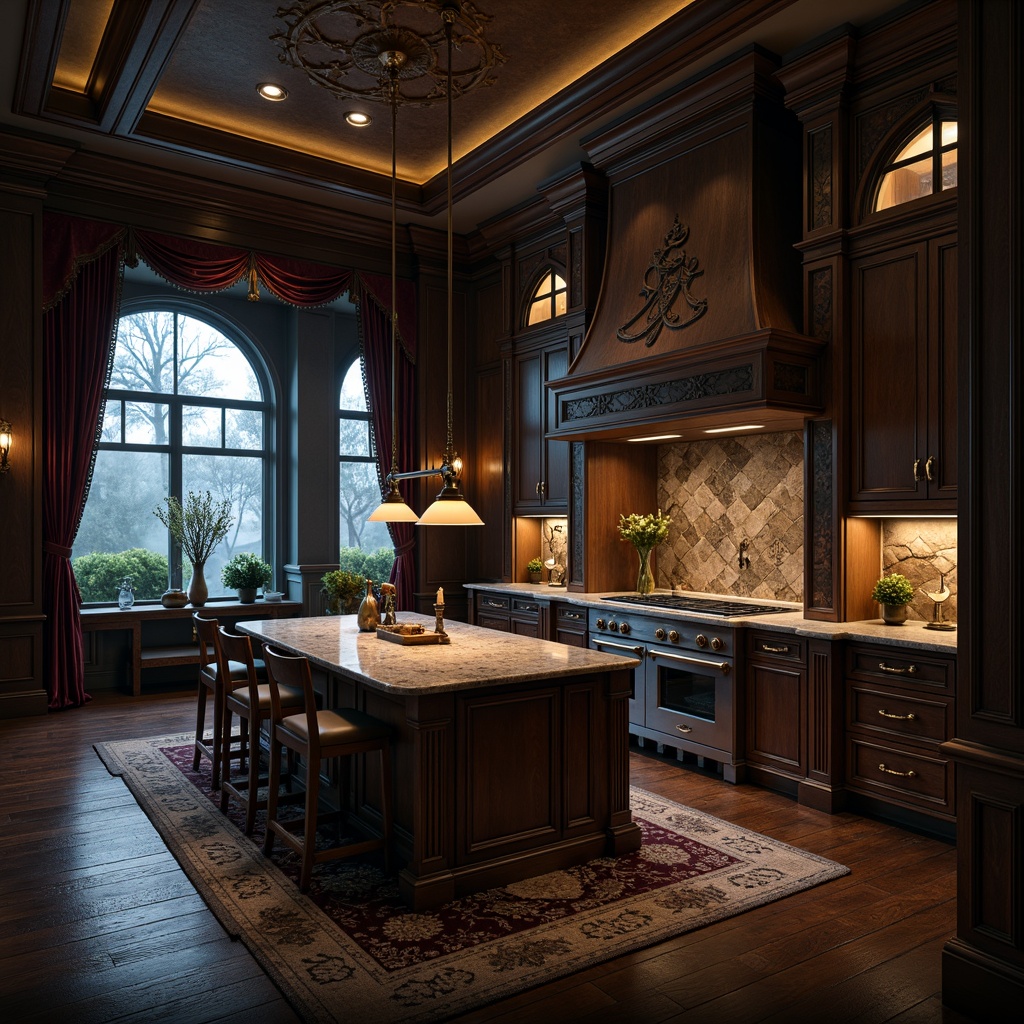 Prompt: Dark wood tones, ornate carvings, pointed arches, grandiose kitchen island, lavish cabinetry, mysterious ambiance, rich velvet drapes, golden hardware, intricate stonework, dramatic lighting, warm candlelight, mystical forest surroundings, foggy misty morning, cinematic atmosphere, 1/1 composition, shallow depth of field, realistic wood textures, ambient occlusion.