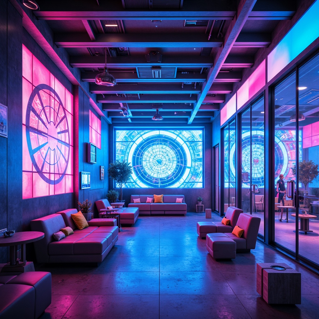 Prompt: Neon-lit futuristic interior, metallic accents, holographic displays, virtual reality pods, sleek minimalist furniture, iridescent color scheme, electric blue hues, neon pink undertones, chrome finishes, glass partitions, ambient LED lighting, atmospheric fog effects, 3D-printed decorative elements, geometric patterns, mirror-like reflections, low-poly aesthetic, cyberpunk inspiration, dystopian ambiance, cinematic mood lighting, shallow depth of field, 2/3 composition, panoramic view, realistic textures, ambient occlusion.