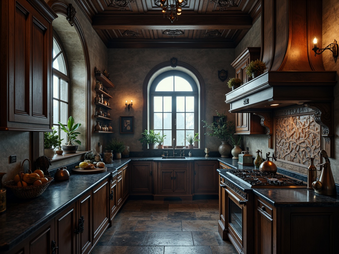 Prompt: Dark mysterious kitchen, rich wooden cabinetry, ornate carvings, grandiose archways, intricate stone patterns, polished black granite countertops, weathered copper accents, ornamental metalwork, dramatic pendant lighting, mystical atmosphere, foggy morning light, shallow depth of field, 1/2 composition, realistic textures, ambient occlusion.