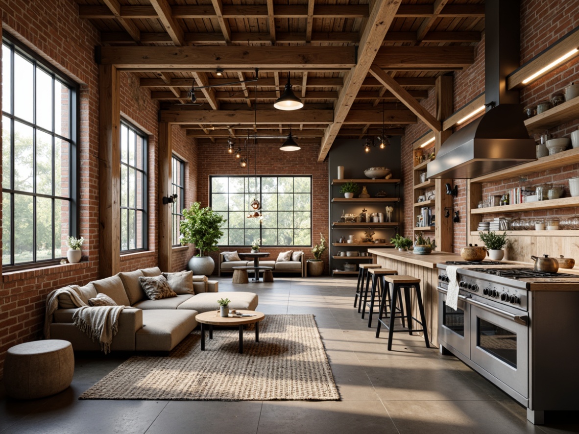 Prompt: Rustic farmhouse interior, reclaimed wood beams, metal accents, industrial pendant lights, exposed brick walls, vintage farm tools, distressed wooden furniture, galvanized metal decorations, earthy color palette, natural textiles, cozy throw blankets, modern industrial appliances, sleek metal countertops, urban loft-inspired design, high ceilings, large windows, abundance of natural light, soft warm lighting, shallow depth of field, 3/4 composition, realistic textures.