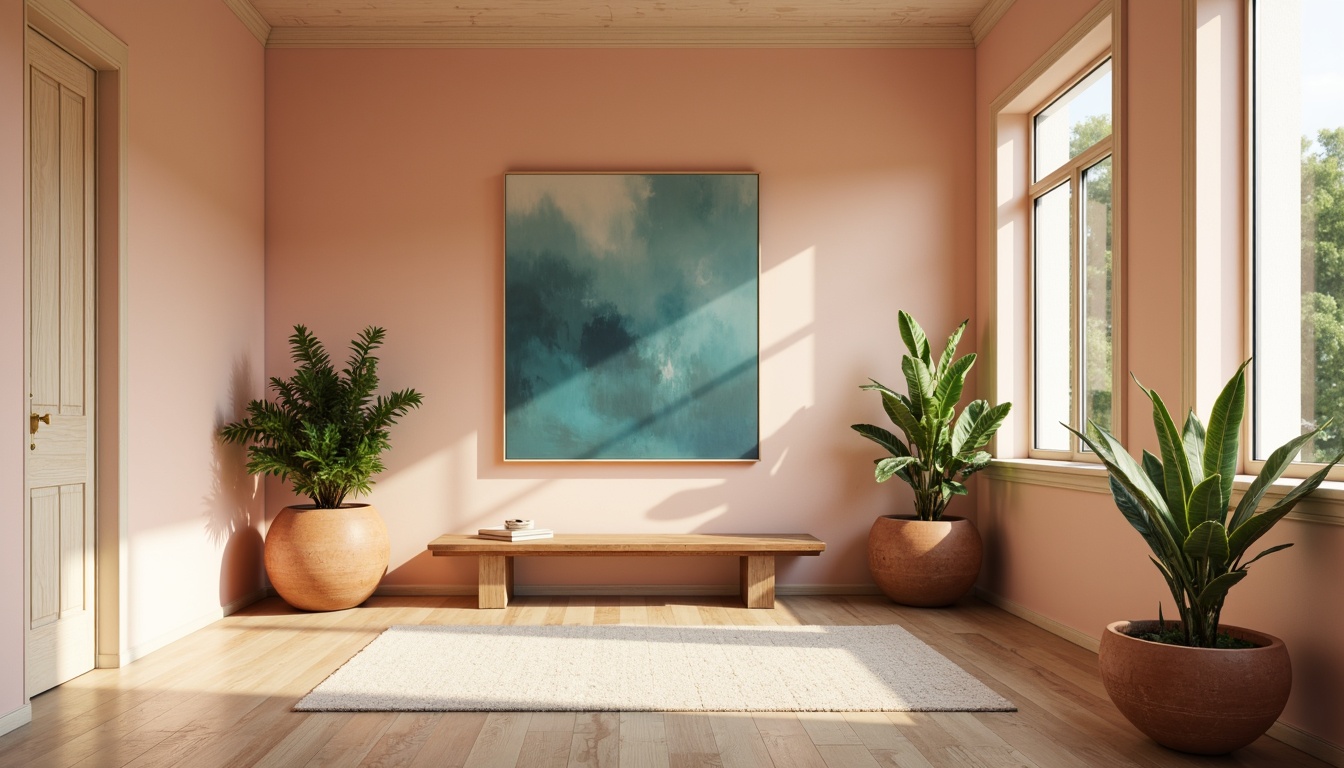 Prompt: Soft peach walls, creamy white trim, warm beige floors, natural wood accents, calming blue-green artwork, earthy terracotta pots, lush greenery, softbox lighting, shallow depth of field, 3/4 composition, panoramic view, realistic textures, ambient occlusion.