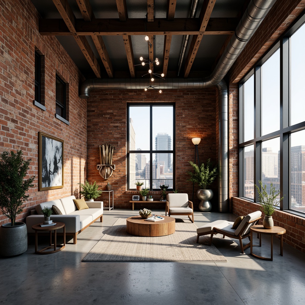 Prompt: Exposed brick walls, metal beams, industrial chic decor, polished concrete floors, Edison bulbs, reclaimed wood accents, urban loft atmosphere, open concept living space, functional exposed pipes, distressed finishes, vintage machinery parts, metallic color scheme, high ceilings, large windows, cityscape views, modern minimalist furniture, sleek low-profile lighting, 1/1 composition, dramatic shadows, realistic textures.