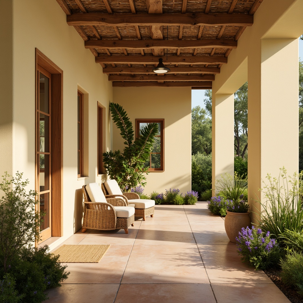 Prompt: Soft light yellow walls, creamy white trim, rich wood accents, natural woven fibers, earthy terracotta floors, lush greenery, blooming wildflowers, warm sunny day, gentle softbox lighting, shallow depth of field, 2/3 composition, harmonious color balance, realistic textures, ambient occlusion.