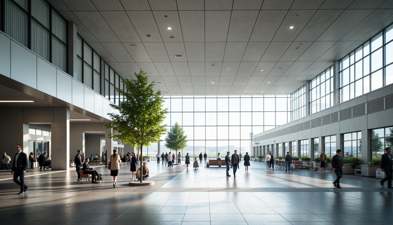 Prompt: Airport terminal building, modern architectural design, high ceilings, large windows, natural light pouring in, LED lighting systems, energy-efficient solutions, ambient overhead lighting, task-oriented under-cabinet lighting, wayfinding signage illumination, safety-focused emergency lighting, sleek metallic fixtures, minimalist aesthetic, neutral color palette, bright open spaces, bustling atmosphere, people moving quickly, soft shadows, 3/4 composition, panoramic view, realistic textures, ambient occlusion.