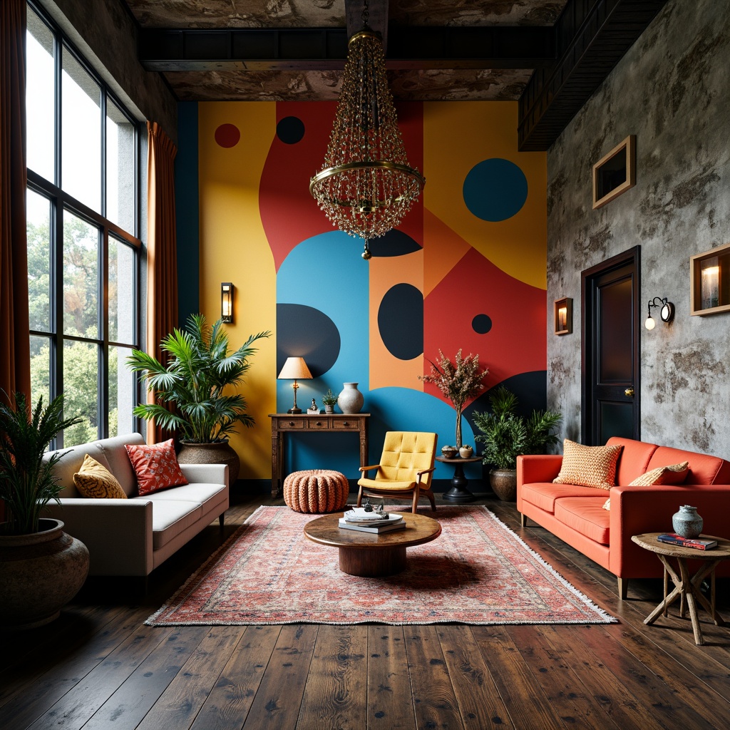 Prompt: Vibrant abstract mural, eclectic furniture pieces, bold color blocking, textured rugs, statement lighting fixtures, ornate decorative accents, artistic sculptures, unconventional planters, distressed wood flooring, industrial-chic metal beams, oversized windows, dramatic curtains, moody atmospheric lighting, low-angle composition, cinematic depth of field, avant-garde architectural details.