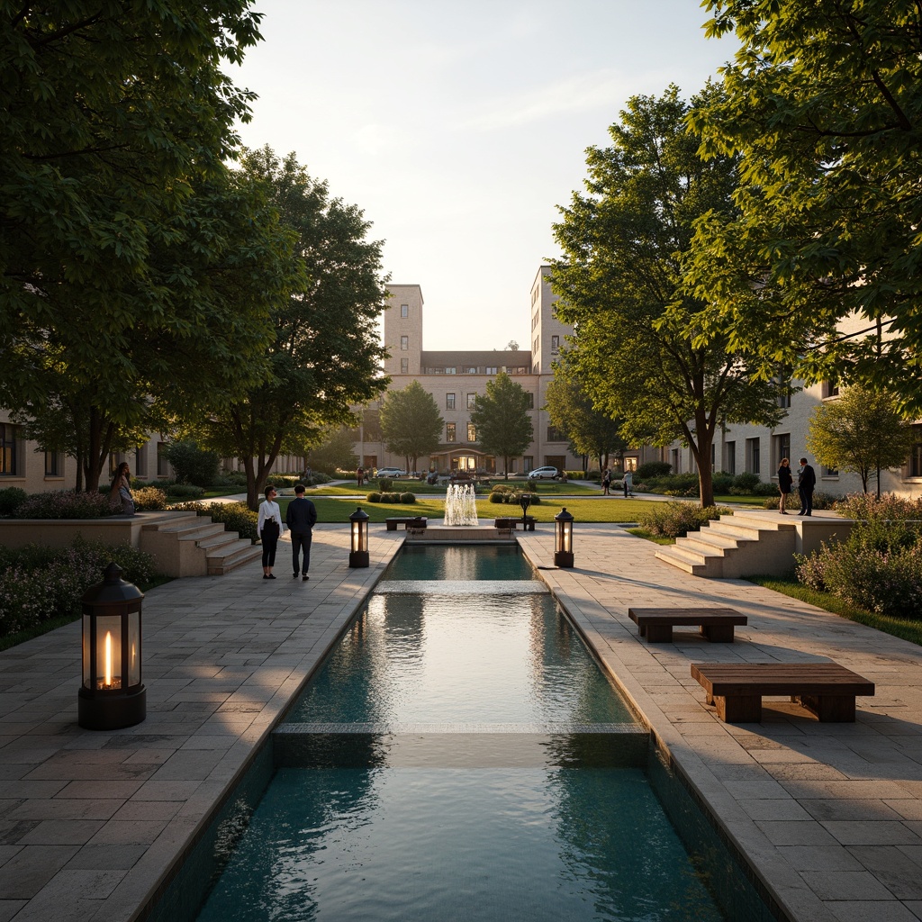 Prompt: Elegant university campus, lush green lawns, mature trees, serene water features, natural stone pool decks, classic lanterns, ornate fountains, grand staircases, rustic wooden benches, vintage-inspired railings, sophisticated landscape lighting, warm golden sunsets, shallow depth of field, 1/1 composition, symmetrical reflections, realistic water textures, ambient occlusion.